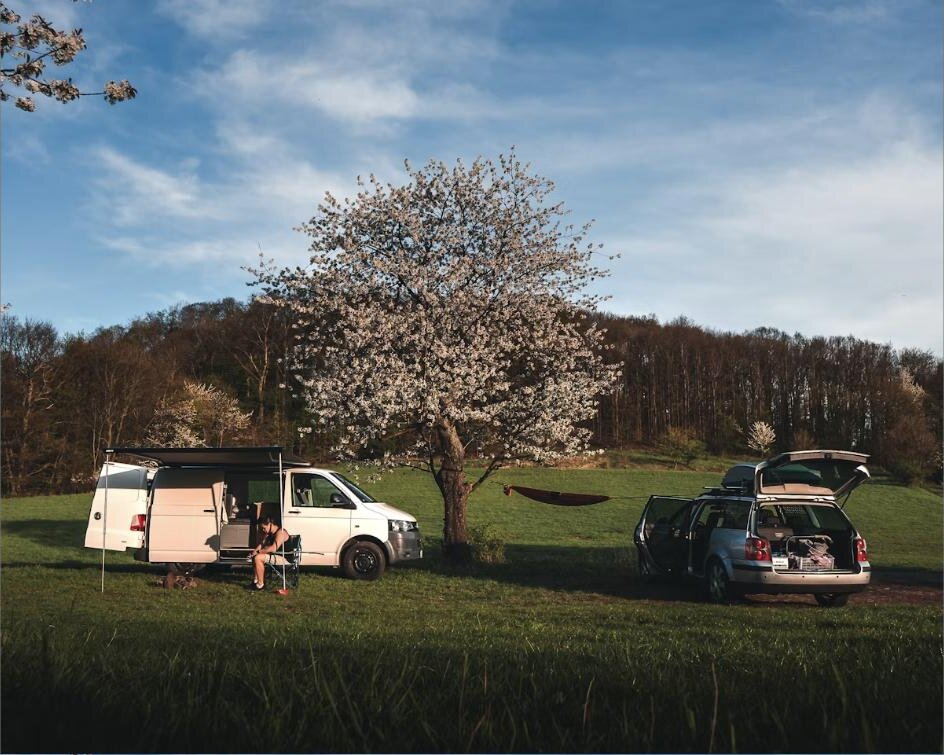 Van conversion parked in a green field beside a blossoming tree