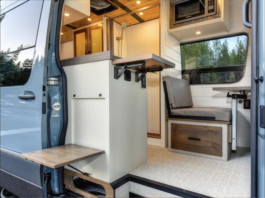 Camper van interior with the door open